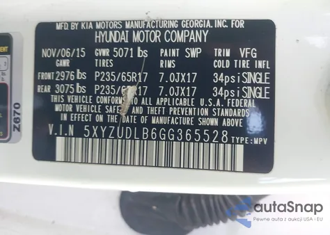 2016 Hyundai Santa Fe Sport 2.4L z USA, uszkodzony, nr VIN 5XYZUDLB6GG365528